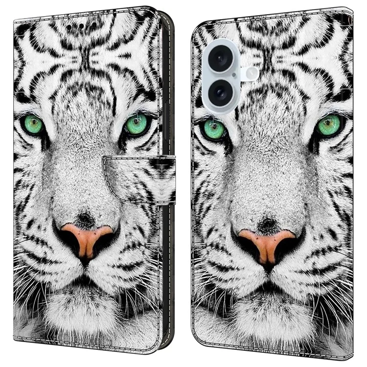 For iPhone 16 Plus Case Pattern Printed Protective Cover TPU+PU Leather Flip Phone Case - Tiger Face