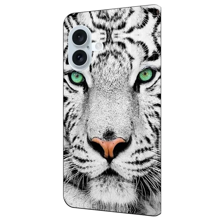 For iPhone 16 Plus Case Pattern Printed Protective Cover TPU+PU Leather Flip Phone Case - Tiger Face