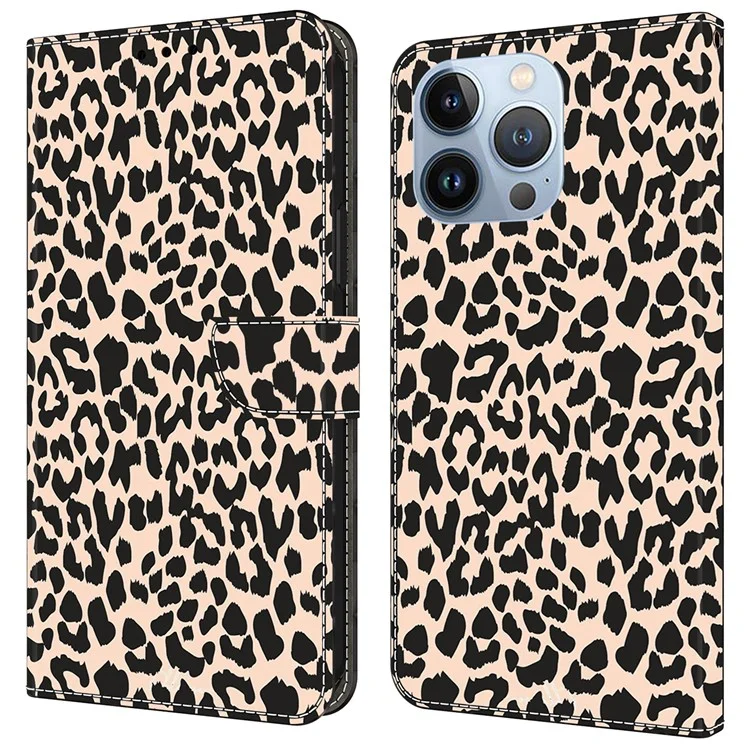 Para iPhone 16 Pro Max Capa Padrão Impresso Capa Protetora TPU+PU Leather Flip Phone Case - Leopard Print