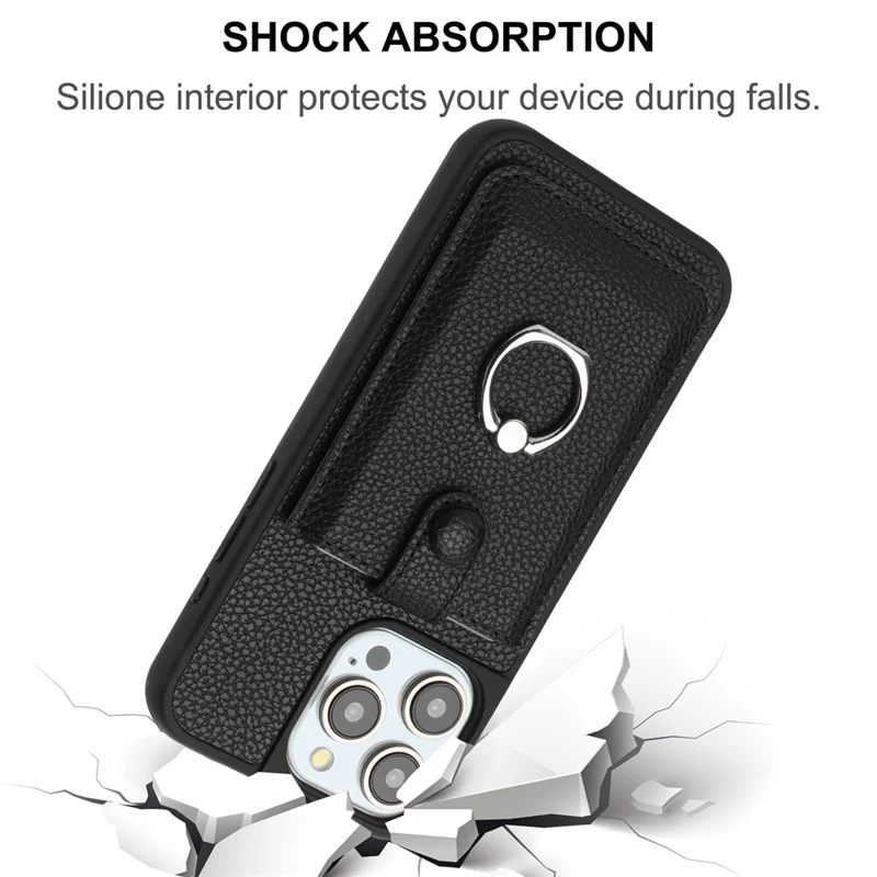 For iPhone 16 Pro Max Case Drawing Type Card Slots Litchi Texture Leather Back Cover with Ring Kickstand - Black