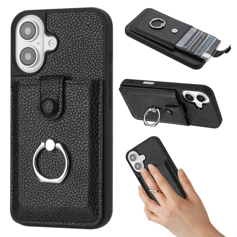 Для Iphone 16 Case Trawing Type Slots Litchi Texture Teather Back Cover с Кольцевой Подставкой - Черный