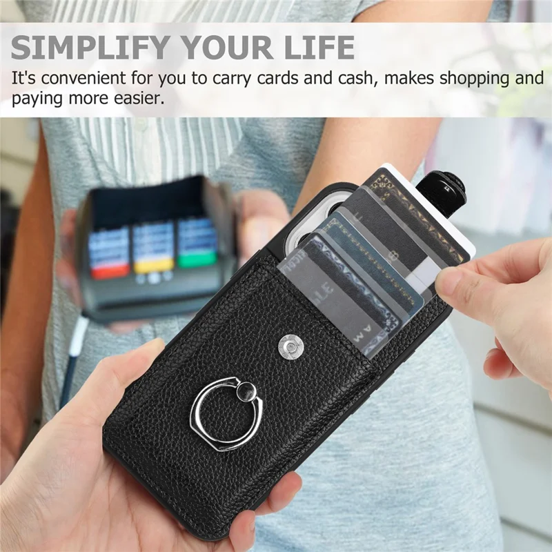 Для Iphone 16 Case Trawing Type Slots Litchi Texture Teather Back Cover с Кольцевой Подставкой - Черный