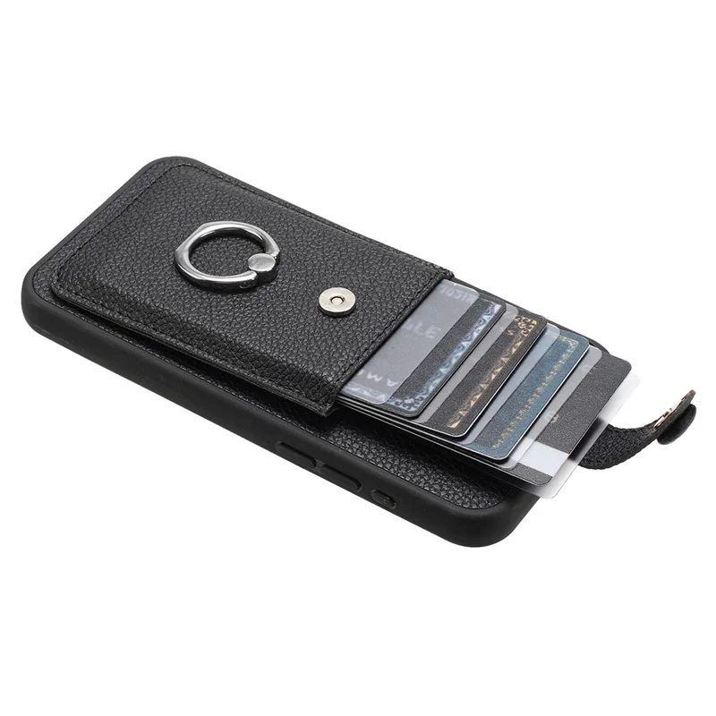 Для Iphone 16 Case Trawing Type Slots Litchi Texture Teather Back Cover с Кольцевой Подставкой - Черный