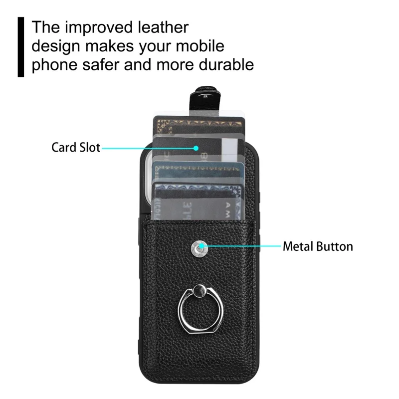 Для Iphone 16 Case Trawing Type Slots Litchi Texture Teather Back Cover с Кольцевой Подставкой - Черный