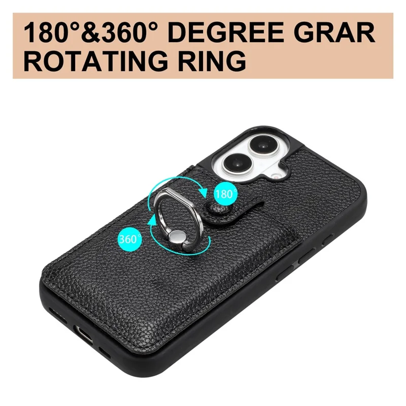 Для Iphone 16 Case Trawing Type Slots Litchi Texture Teather Back Cover с Кольцевой Подставкой - Черный