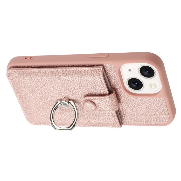 Para Iphone 15 Case Dibujo Tipo Slots Litchi Textura Tapa Trasera de Cuero Con Quiticio de Anillo - Oro Rosa