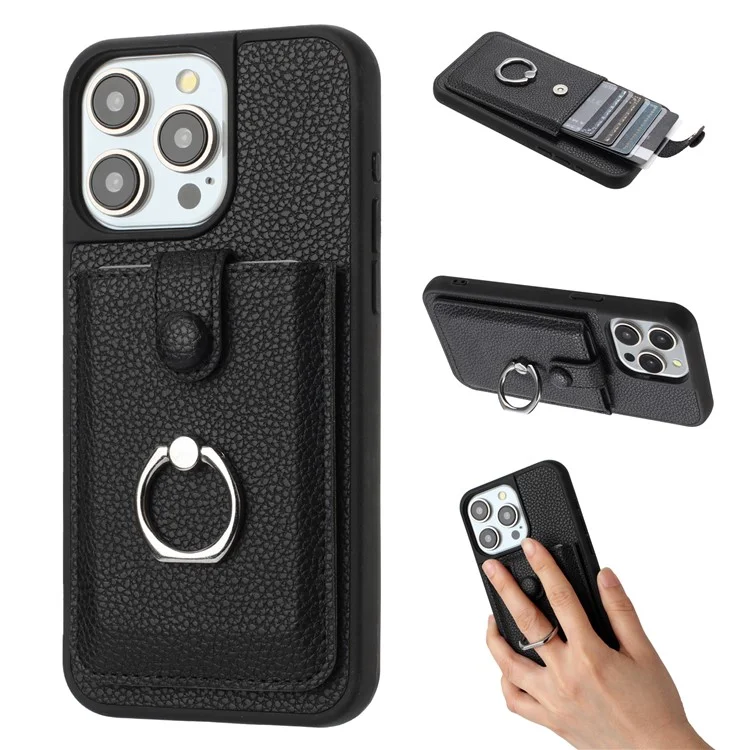 Для Iphone 15 Pro Case Brawt Type Slots Litchi Texture Кожаная Крышка с Кольцо - Черный