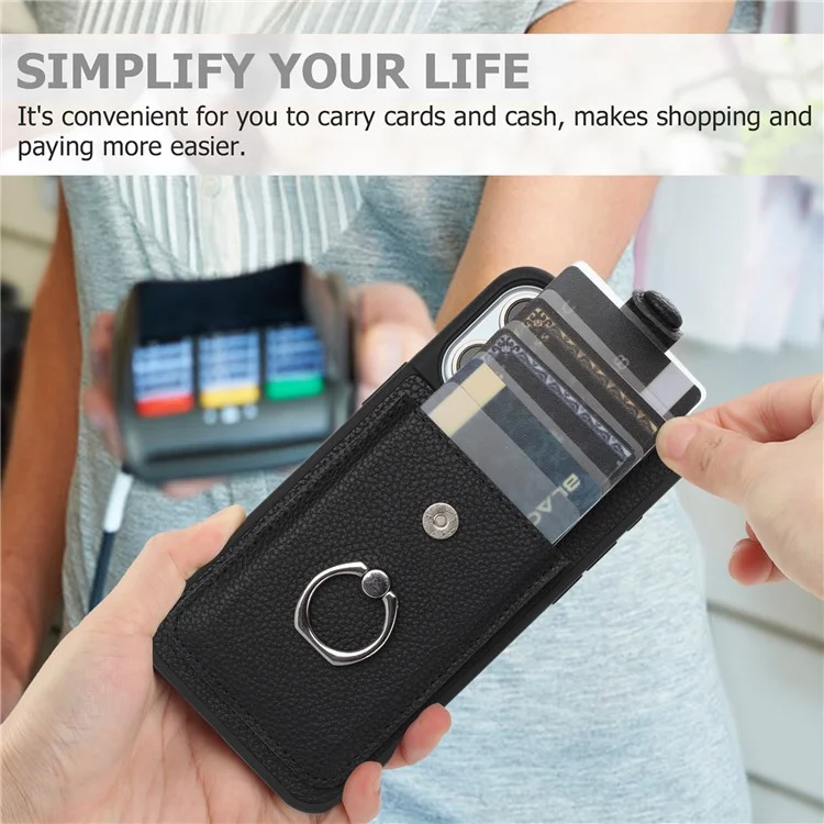 Для Iphone 15 Pro Case Brawt Type Slots Litchi Texture Кожаная Крышка с Кольцо - Черный