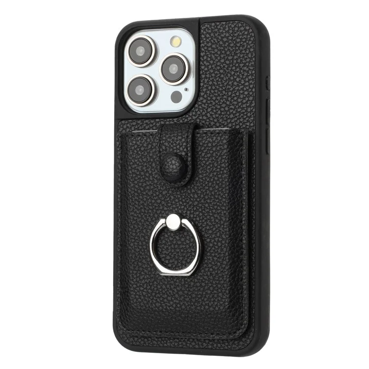 Для Iphone 15 Pro Case Brawt Type Slots Litchi Texture Кожаная Крышка с Кольцо - Черный