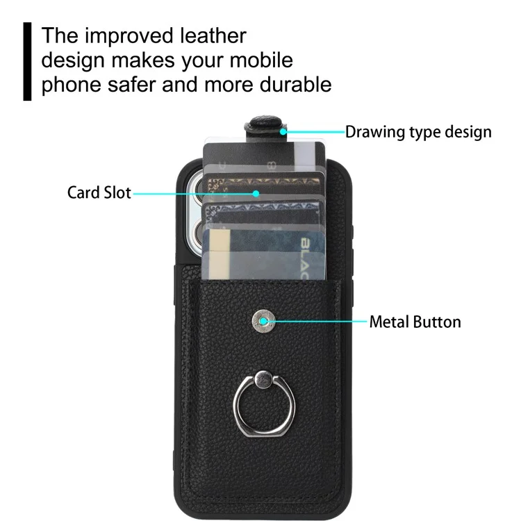 Для Iphone 15 Pro Case Brawt Type Slots Litchi Texture Кожаная Крышка с Кольцо - Черный