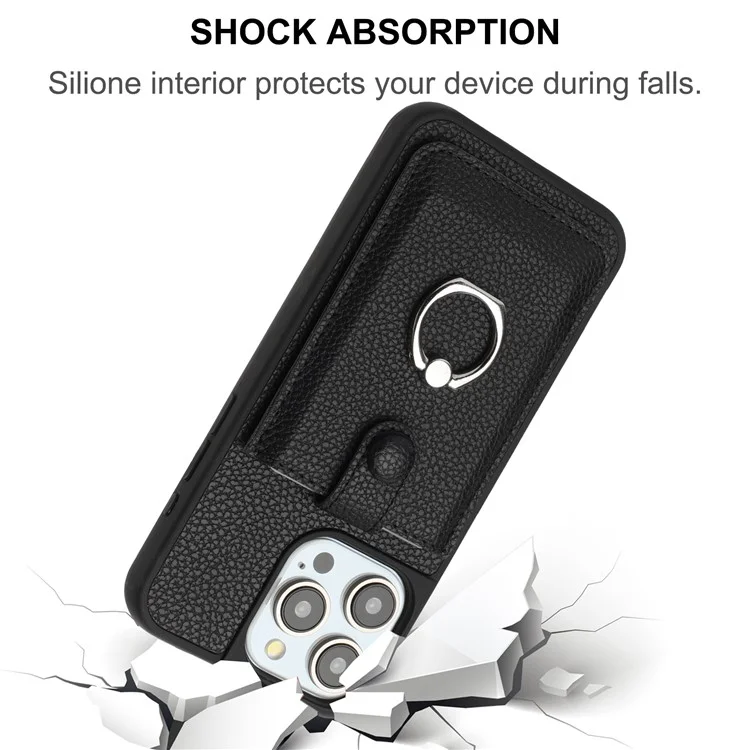 Para Iphone 15 Pro Max Case Dibujo Ranuras Ranuras Litchi Textura Tapa Trasera de Cuero Con Kickstand de Anillo - Negro