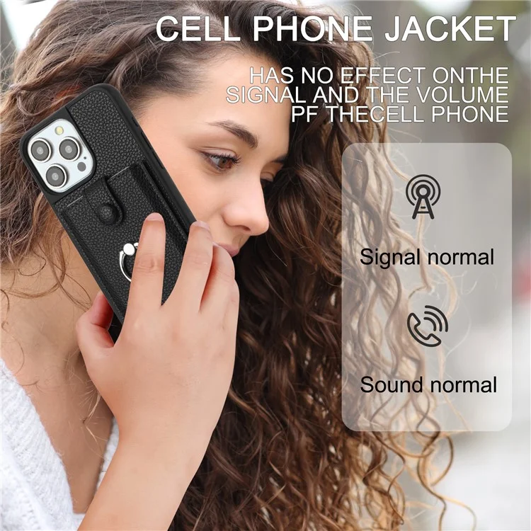 Para Iphone 15 Pro Max Case Dibujo Ranuras Ranuras Litchi Textura Tapa Trasera de Cuero Con Kickstand de Anillo - Negro