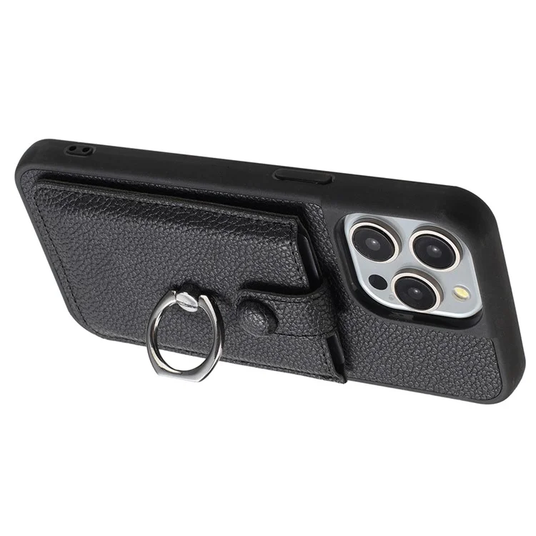 Para Iphone 15 Pro Max Case Dibujo Ranuras Ranuras Litchi Textura Tapa Trasera de Cuero Con Kickstand de Anillo - Negro