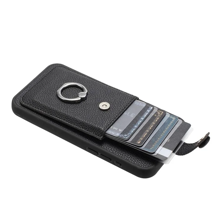 Para Iphone 15 Pro Max Case Dibujo Ranuras Ranuras Litchi Textura Tapa Trasera de Cuero Con Kickstand de Anillo - Negro