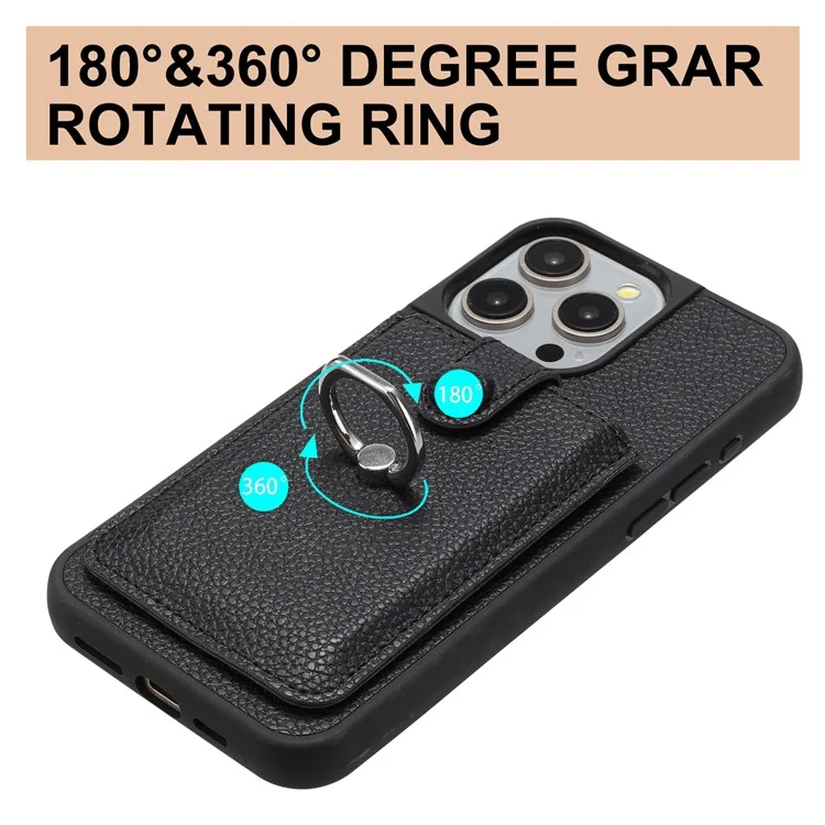 Para Iphone 15 Pro Max Case Dibujo Ranuras Ranuras Litchi Textura Tapa Trasera de Cuero Con Kickstand de Anillo - Negro