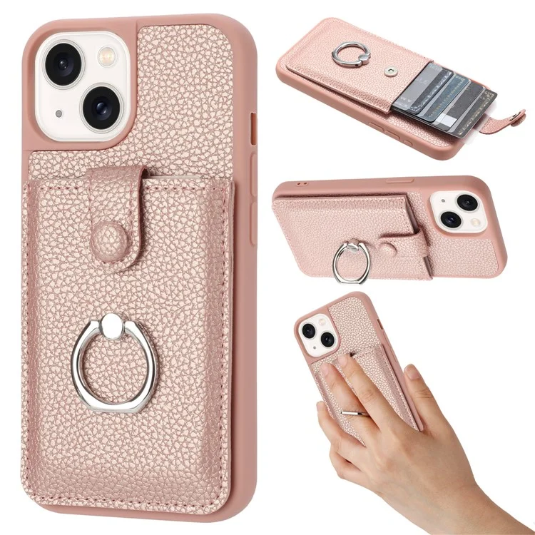 Para Iphone 14 / 13 Caso de Desenho de Capa Slots de Cartão Litchi Textura Tapa de Calo Textura Com Kickstand Ring - Rose Gold