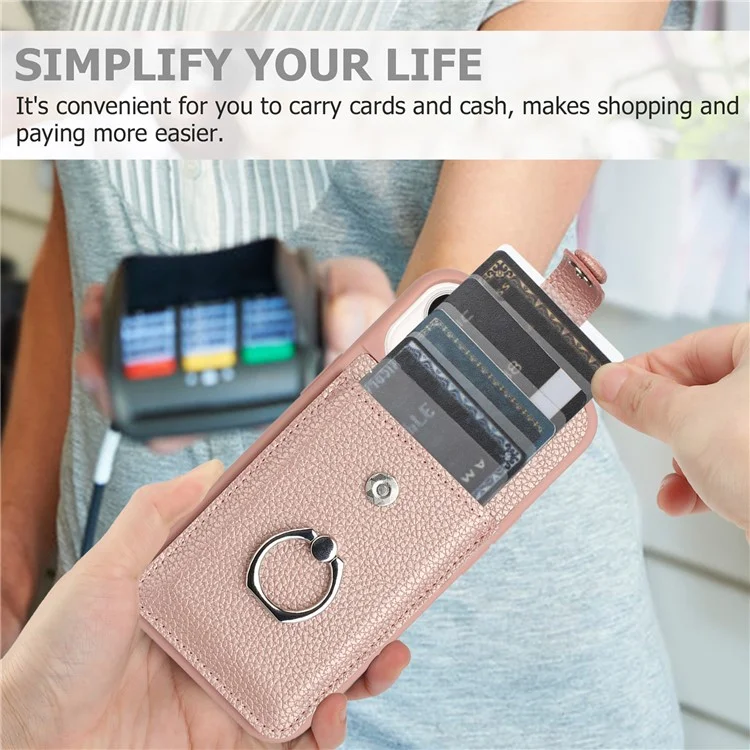 Para Iphone 14 / 13 Caso de Desenho de Capa Slots de Cartão Litchi Textura Tapa de Calo Textura Com Kickstand Ring - Rose Gold
