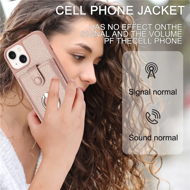 Para Iphone 14 / 13 Caso de Desenho de Capa Slots de Cartão Litchi Textura Tapa de Calo Textura Com Kickstand Ring - Rose Gold