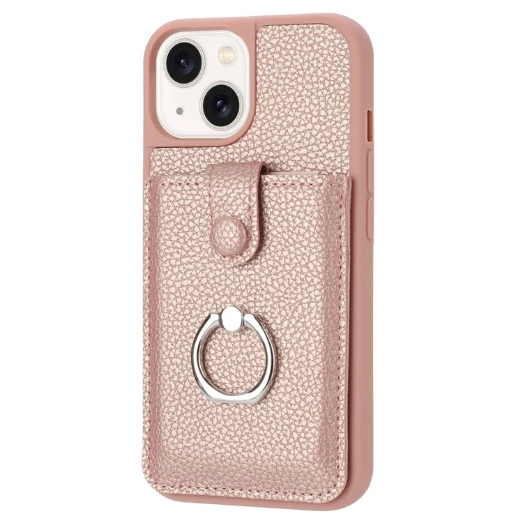 Para Iphone 14 / 13 Caso de Desenho de Capa Slots de Cartão Litchi Textura Tapa de Calo Textura Com Kickstand Ring - Rose Gold