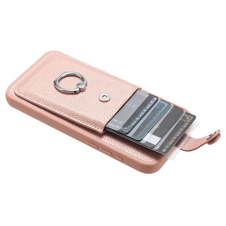 Para Iphone 14 / 13 Caso de Desenho de Capa Slots de Cartão Litchi Textura Tapa de Calo Textura Com Kickstand Ring - Rose Gold