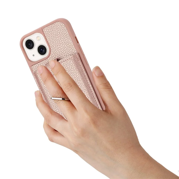 Para Iphone 14 / 13 Caso de Desenho de Capa Slots de Cartão Litchi Textura Tapa de Calo Textura Com Kickstand Ring - Rose Gold