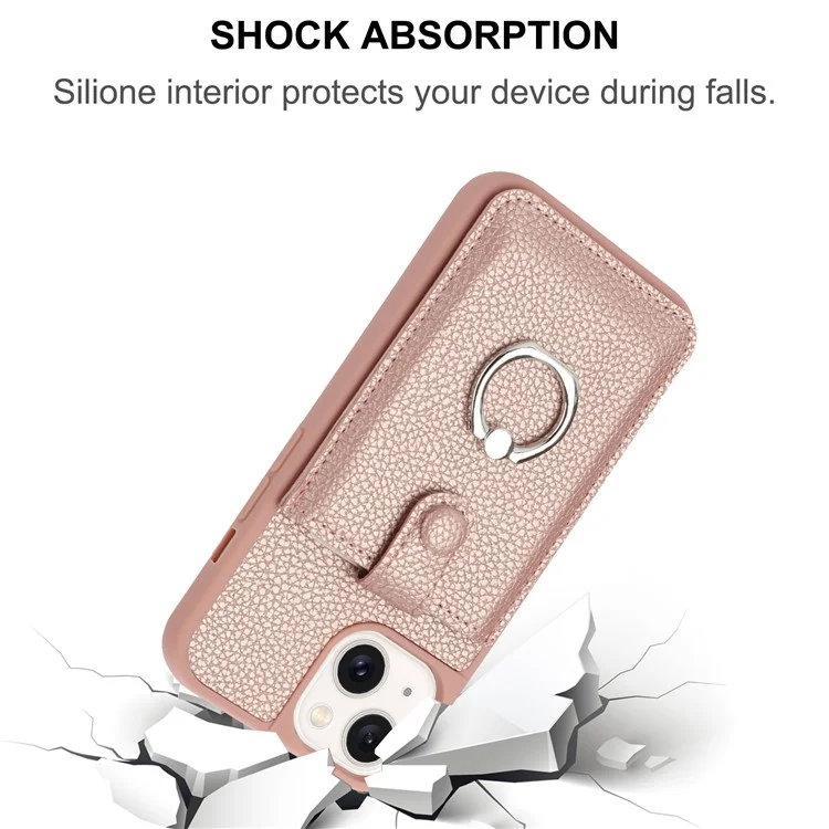 Para Iphone 14 / 13 Caso de Desenho de Capa Slots de Cartão Litchi Textura Tapa de Calo Textura Com Kickstand Ring - Rose Gold