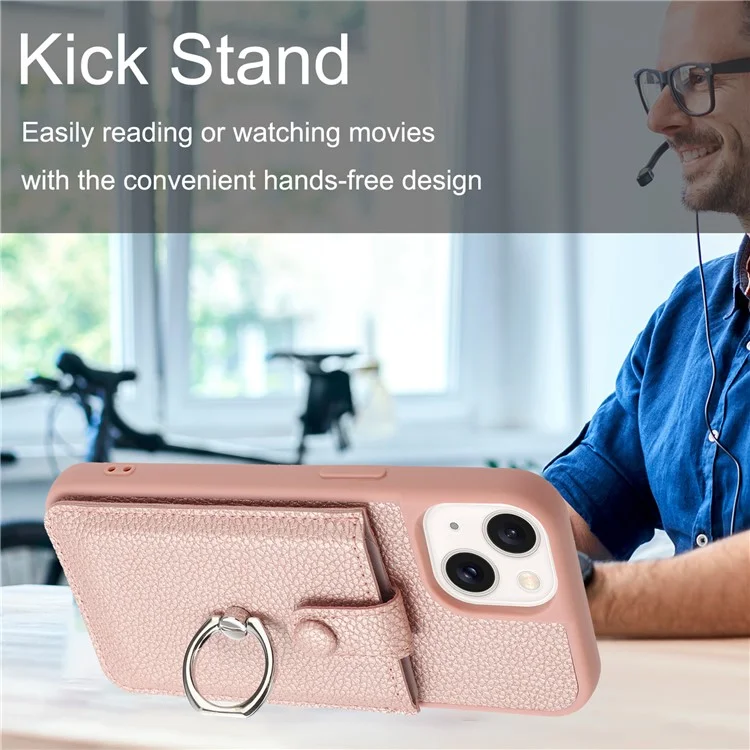 Para Iphone 14 / 13 Caso de Desenho de Capa Slots de Cartão Litchi Textura Tapa de Calo Textura Com Kickstand Ring - Rose Gold
