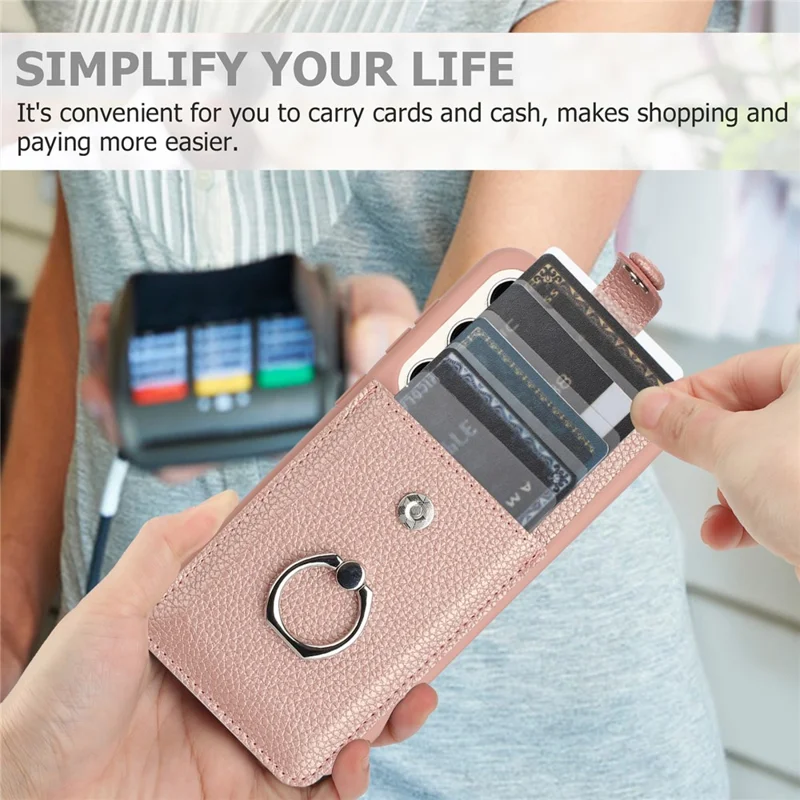 Pour Samsung Galaxy S23 + Case Dessin Type Slots Slots Litchi Texture Coube Arrière Couverture Arrière Avec Ring Kickstand - or Rose