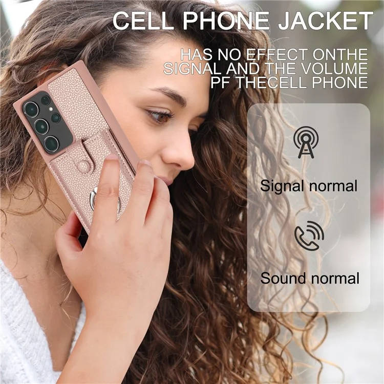 Pour Samsung Galaxy S23 Ultra Case Drawing Type Slots Litchi Texture en Cuir Couverture Arrière Avec Bague - or Rose