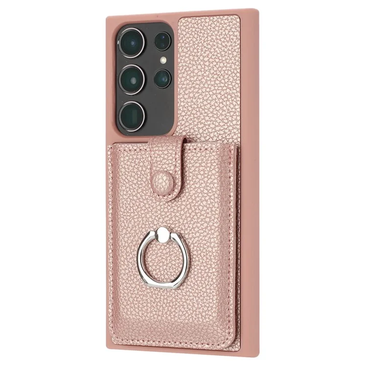 Pour Samsung Galaxy S23 Ultra Case Drawing Type Slots Litchi Texture en Cuir Couverture Arrière Avec Bague - or Rose