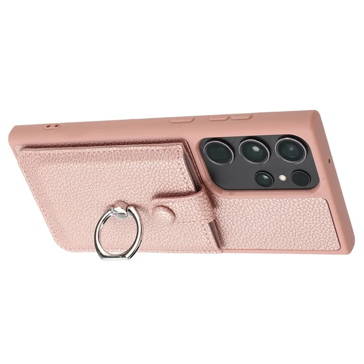 Pour Samsung Galaxy S23 Ultra Case Drawing Type Slots Litchi Texture en Cuir Couverture Arrière Avec Bague - or Rose