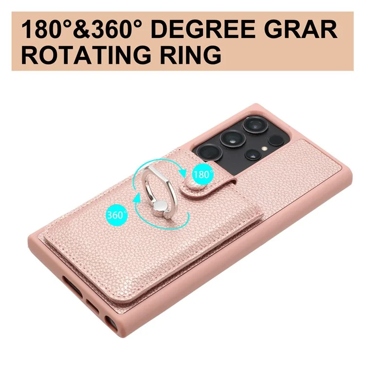 Pour Samsung Galaxy S23 Ultra Case Drawing Type Slots Litchi Texture en Cuir Couverture Arrière Avec Bague - or Rose