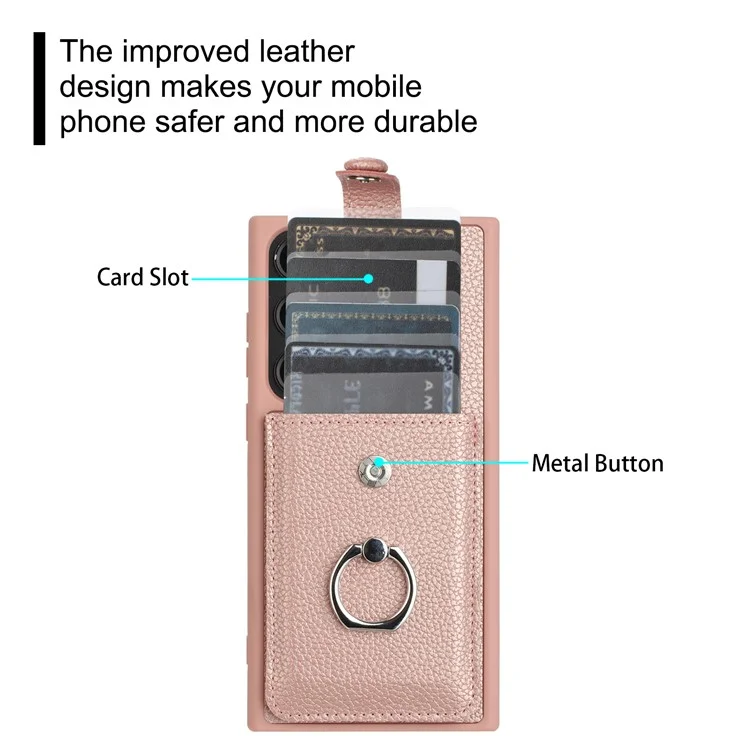 Pour Samsung Galaxy S23 Ultra Case Drawing Type Slots Litchi Texture en Cuir Couverture Arrière Avec Bague - or Rose
