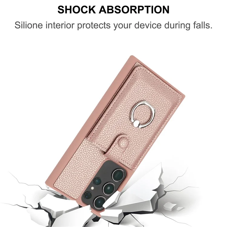 Pour Samsung Galaxy S23 Ultra Case Drawing Type Slots Litchi Texture en Cuir Couverture Arrière Avec Bague - or Rose