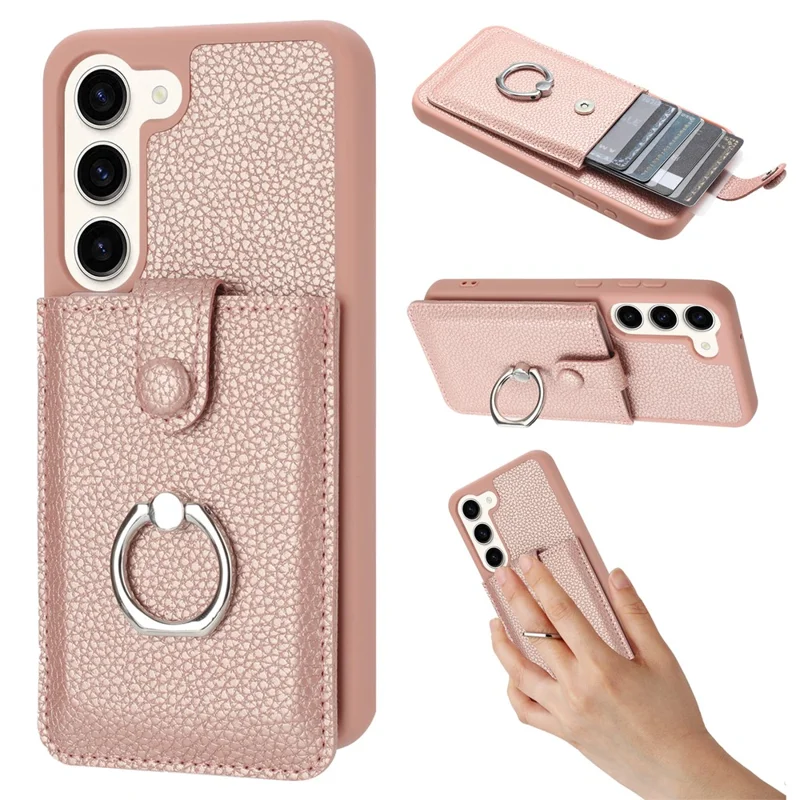 For Samsung Galaxy S23 Case Drawing Type Card Slots Litchi Texture Leather Back Cover with Ring Kickstand - Rose Gold