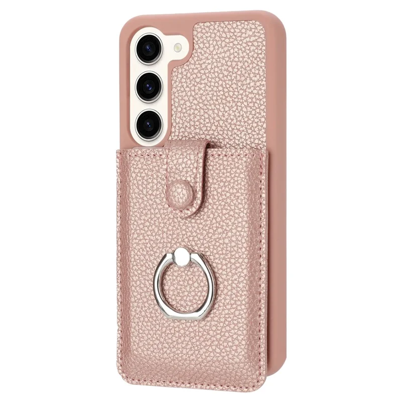 For Samsung Galaxy S23 Case Drawing Type Card Slots Litchi Texture Leather Back Cover with Ring Kickstand - Rose Gold