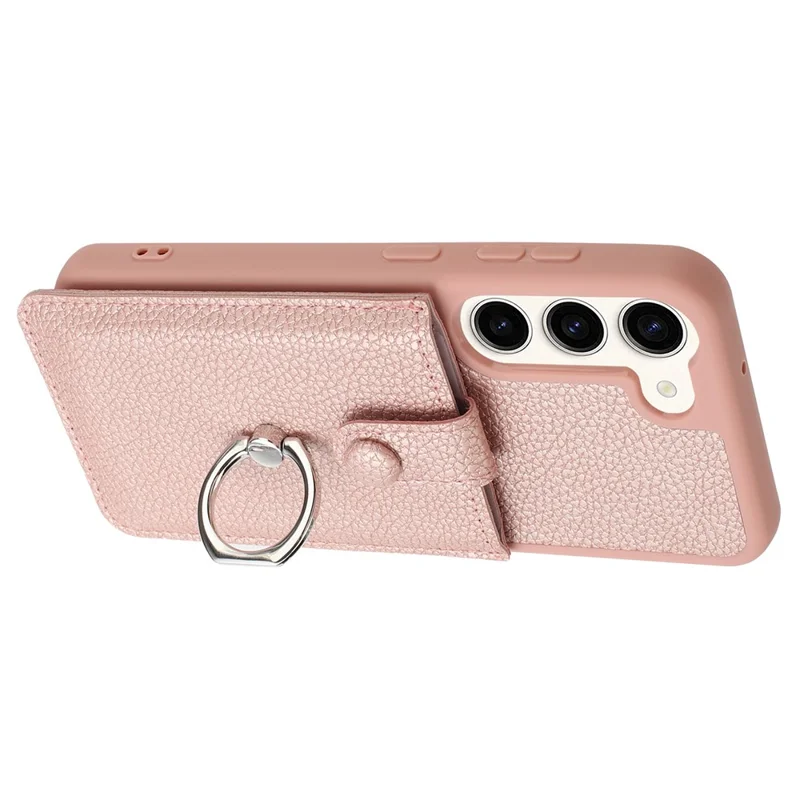 For Samsung Galaxy S23 Case Drawing Type Card Slots Litchi Texture Leather Back Cover with Ring Kickstand - Rose Gold
