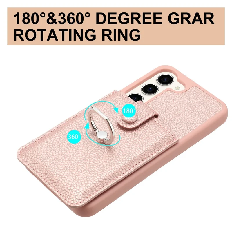 For Samsung Galaxy S23 Case Drawing Type Card Slots Litchi Texture Leather Back Cover with Ring Kickstand - Rose Gold