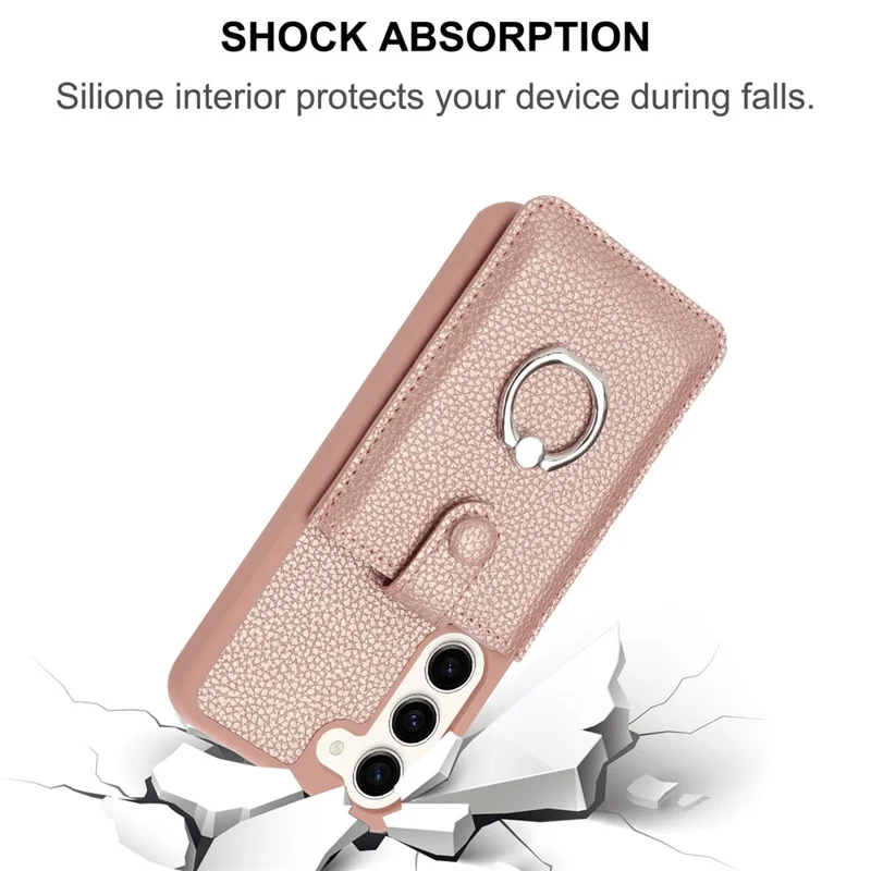 For Samsung Galaxy S23 Case Drawing Type Card Slots Litchi Texture Leather Back Cover with Ring Kickstand - Rose Gold