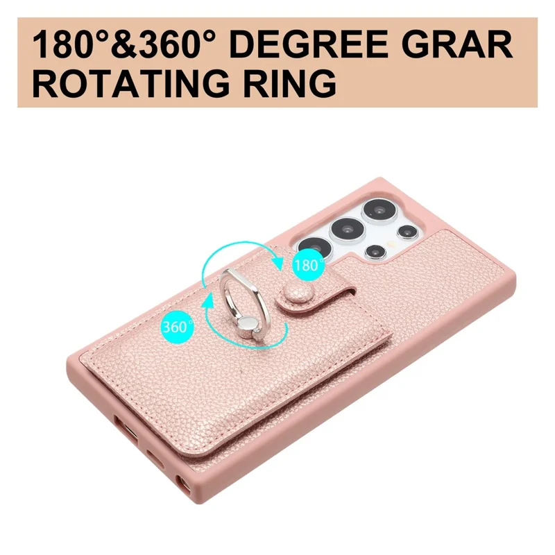 Para Samsung Galaxy S24 Ultra Case Drawing Tipo Ranuras Ranuras Litchi Textura Tapa Trasera de Cuero Con Titina Del Anillo - Oro Rosa