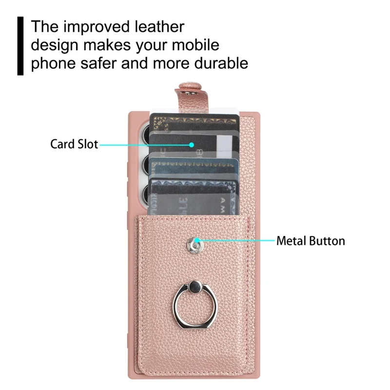 Para Samsung Galaxy S24 Ultra Case Drawing Tipo Ranuras Ranuras Litchi Textura Tapa Trasera de Cuero Con Titina Del Anillo - Oro Rosa