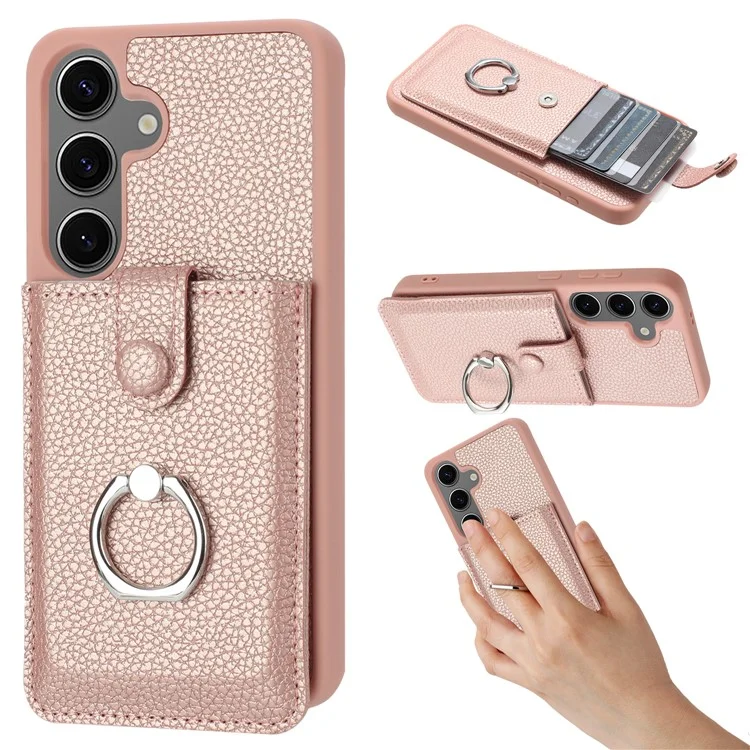 Для Samsung Galaxy S24 Case Brawt Type Plots Card Litchi Texture Кожаная Крышка с Кольцо - Розовое Золото