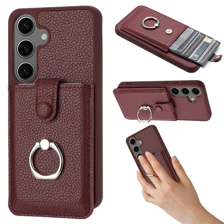 Для Samsung Galaxy S24 Case Brawt Type Plots Card Litchi Texture Кожаная Крышка с Кольцо - Вино Красным