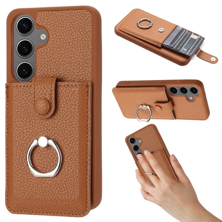Для Samsung Galaxy S24 Case Brawt Type Plots Card Litchi Texture Кожаная Крышка с Кольцо - Коричневый
