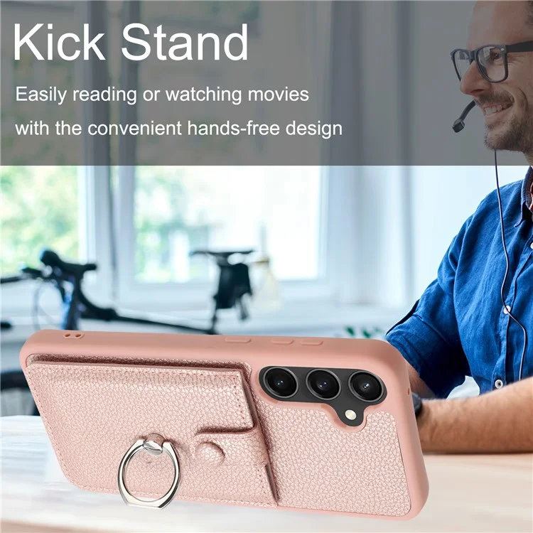 Für Samsung Galaxy A16 5G / A16 4G Case Drawing Type Card Slots Litchi Texture Leather Back Cover with Ring Kickstand - Rose Gold