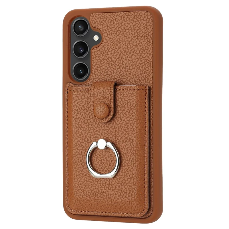 For Samsung Galaxy A15 4G / 5G Case Drawing Type Card Slots Litchi Texture Leather Back Cover with Ring Kickstand - Brown