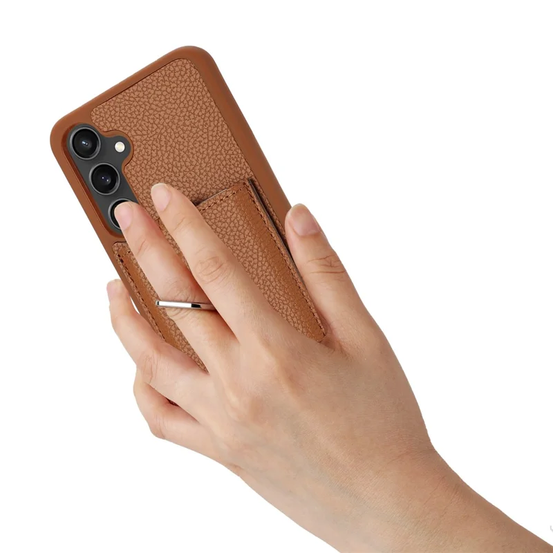 For Samsung Galaxy A15 4G / 5G Case Drawing Type Card Slots Litchi Texture Leather Back Cover with Ring Kickstand - Brown