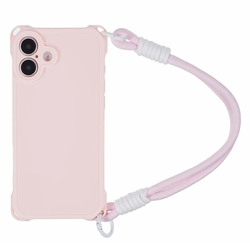 For iPhone 16 Case Reinforced Corner Shockproof TPU Phone Cover with Wrist Strap - Pink
