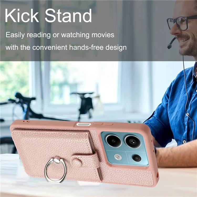 Per Xiaomi Poco X6 5G / Redmi Nota 13 Pro 5G Case Disegno Tipo Slot Coperchio in Pelle di Texture Litchi Con Cavalletto ad Anello - Oro Rosa