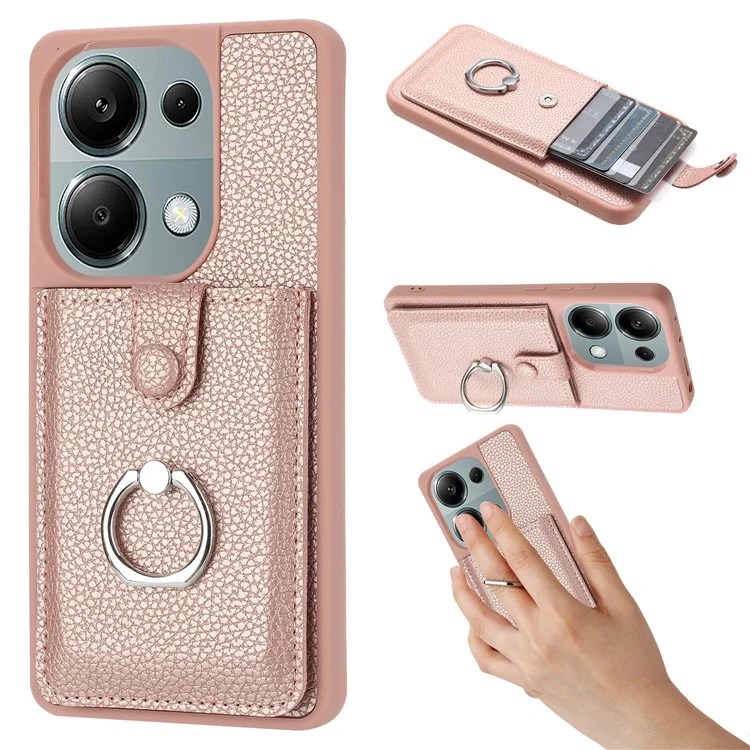 Для Xiaomi Poco M6 Pro 4G / Redmi Note 13 Pro 4G Case Brawt Type Plots Card Slots Litchi Texture Кожаная Крышка с Кольцевой Подставкой - Розовое Золото